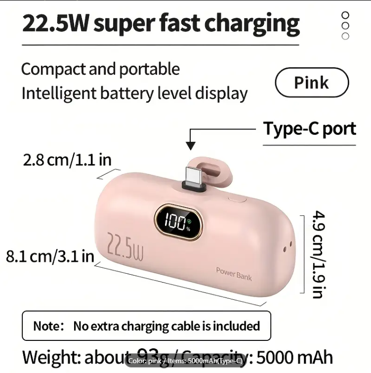 5000mAh Mini Portable Power Bank, Backup Travel Mobile Charger, Type-C Interface