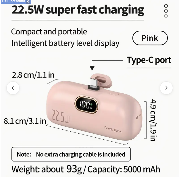 5000mAh Mini Portable Power Bank, Backup Travel Mobile Charger, Type-C Interface