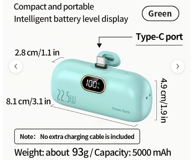5000mAh Mini Portable Power Bank, Backup Travel Mobile Charger, Type-C Interface